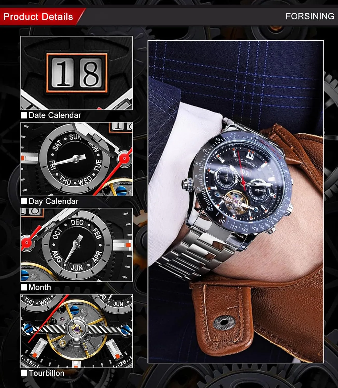 FORSINING Men Tourbillon Mechanical Self-Wind Watch, Day Date Month Full Calendar, Luminous Tachymeter Multifunctional Automatic Watches, Carved Big Dial Stainless Steel Band Wrist Watch