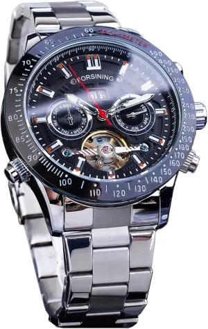 FORSINING Men Tourbillon Mechanical Self-Wind Watch, Day Date Month Full Calendar, Luminous Tachymeter Multifunctional Automatic Watches, Carved Big Dial Stainless Steel Band Wrist Watch