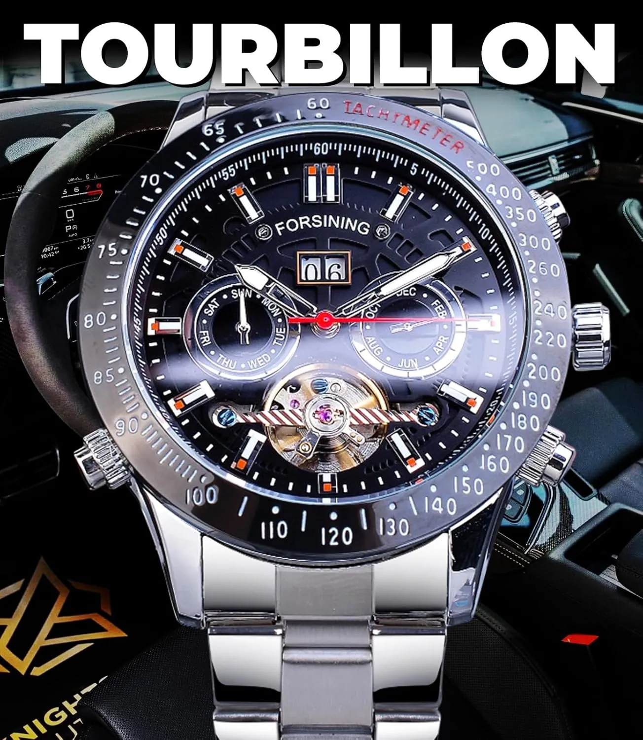 FORSINING Men Tourbillon Mechanical Self-Wind Watch, Day Date Month Full Calendar, Luminous Tachymeter Multifunctional Automatic Watches, Carved Big Dial Stainless Steel Band Wrist Watch