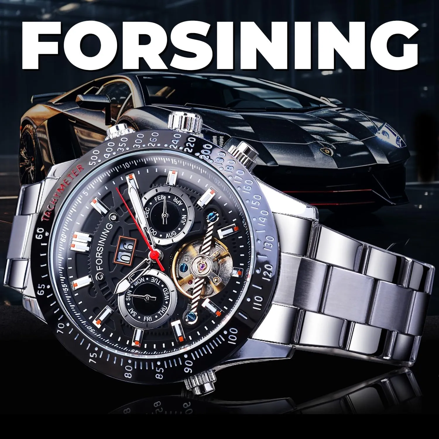 FORSINING Men Tourbillon Mechanical Self-Wind Watch, Day Date Month Full Calendar, Luminous Tachymeter Multifunctional Automatic Watches, Carved Big Dial Stainless Steel Band Wrist Watch