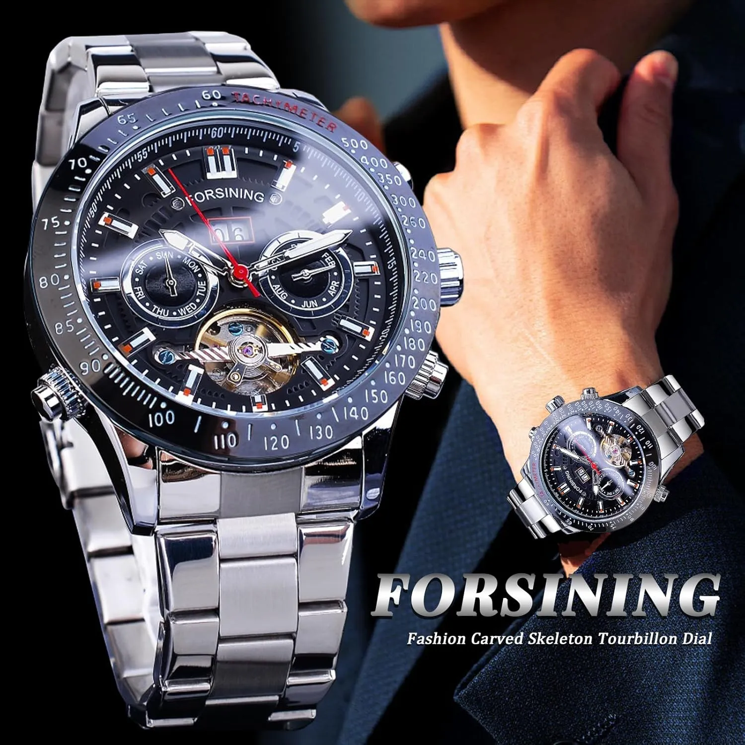 FORSINING Men Tourbillon Mechanical Self-Wind Watch, Day Date Month Full Calendar, Luminous Tachymeter Multifunctional Automatic Watches, Carved Big Dial Stainless Steel Band Wrist Watch
