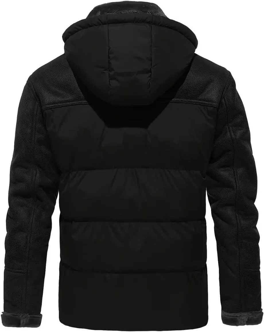 FTIMILD Mens Puffer Jacket with Pu Leather Patchwork Hooded Down Jacket with Sherpa Collar & Sleeves