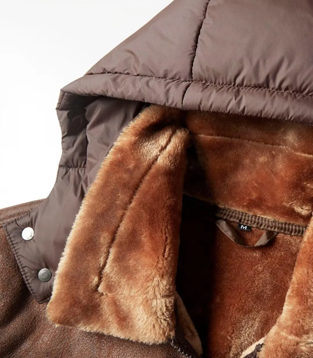 FTIMILD Mens Puffer Jacket with Pu Leather Patchwork Hooded Down Jacket with Sherpa Collar & Sleeves