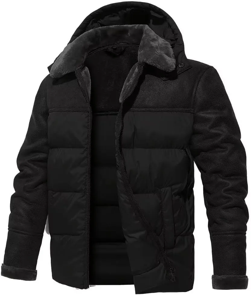 FTIMILD Mens Puffer Jacket with Pu Leather Patchwork Hooded Down Jacket with Sherpa Collar & Sleeves