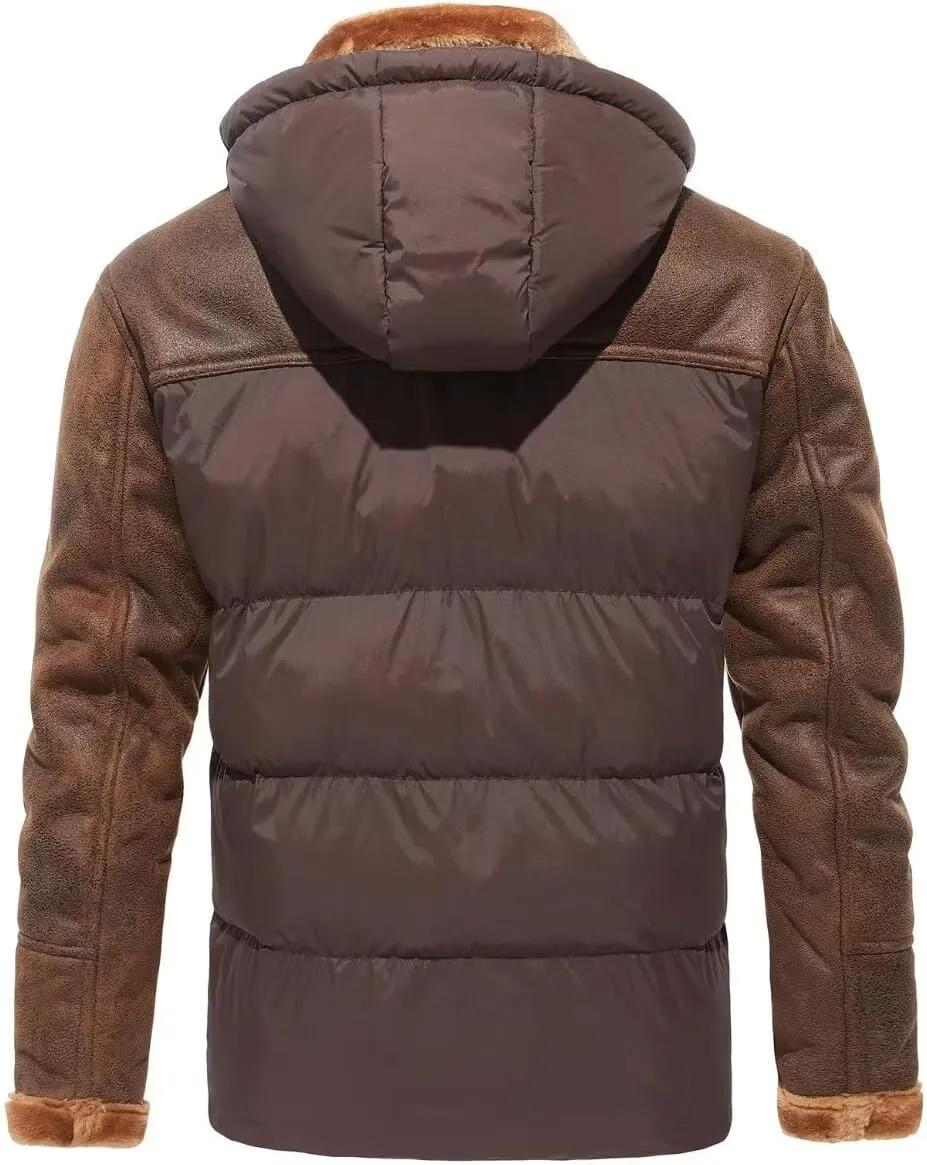 FTIMILD Mens Puffer Jacket with Pu Leather Patchwork Hooded Down Jacket with Sherpa Collar & Sleeves