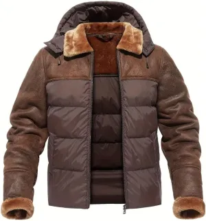 FTIMILD Mens Puffer Jacket with Pu Leather Patchwork Hooded Down Jacket with Sherpa Collar & Sleeves