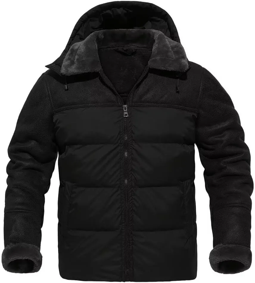 FTIMILD Mens Puffer Jacket with Pu Leather Patchwork Hooded Down Jacket with Sherpa Collar & Sleeves