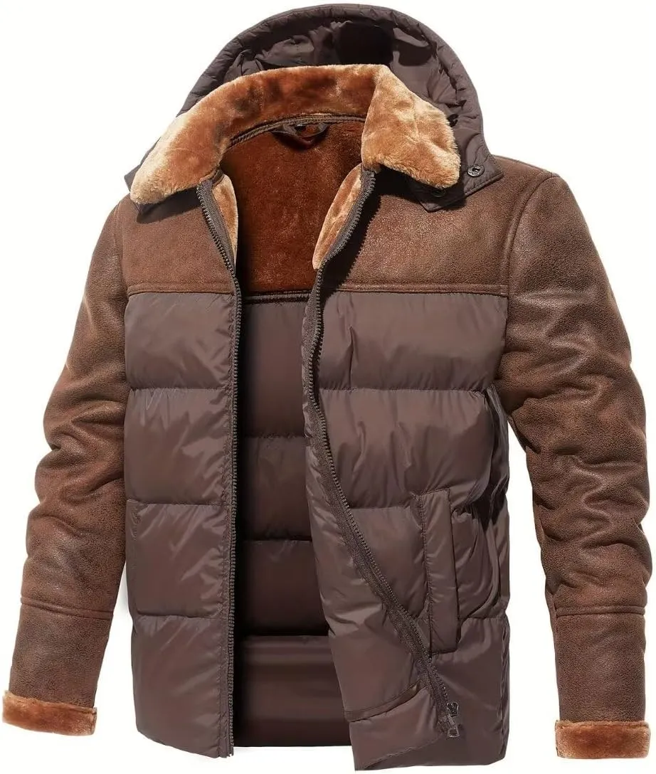 FTIMILD Mens Puffer Jacket with Pu Leather Patchwork Hooded Down Jacket with Sherpa Collar & Sleeves