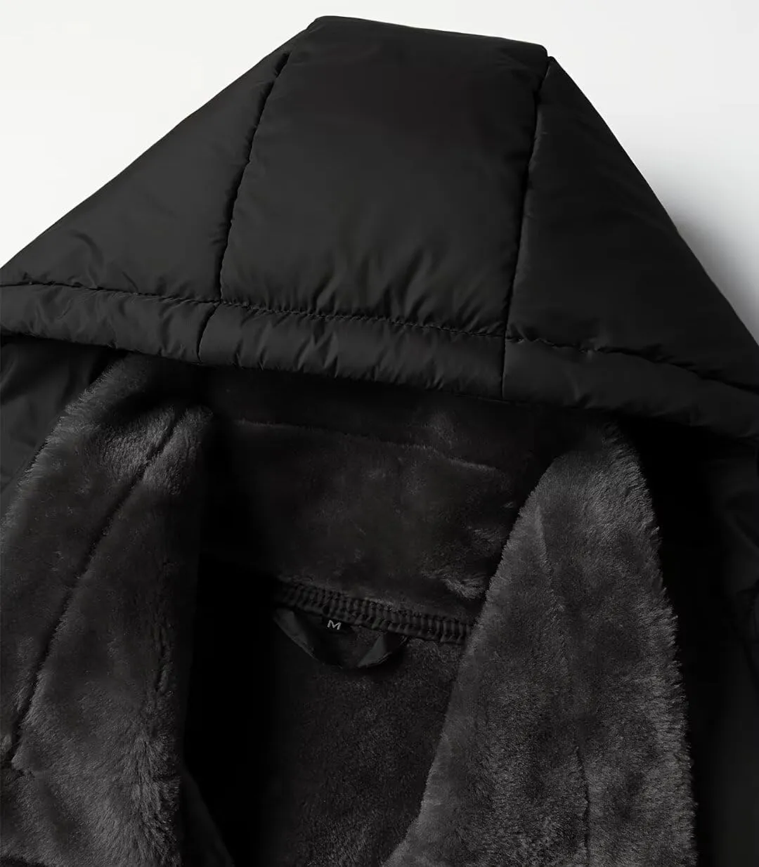 FTIMILD Mens Puffer Jacket with Pu Leather Patchwork Hooded Down Jacket with Sherpa Collar & Sleeves