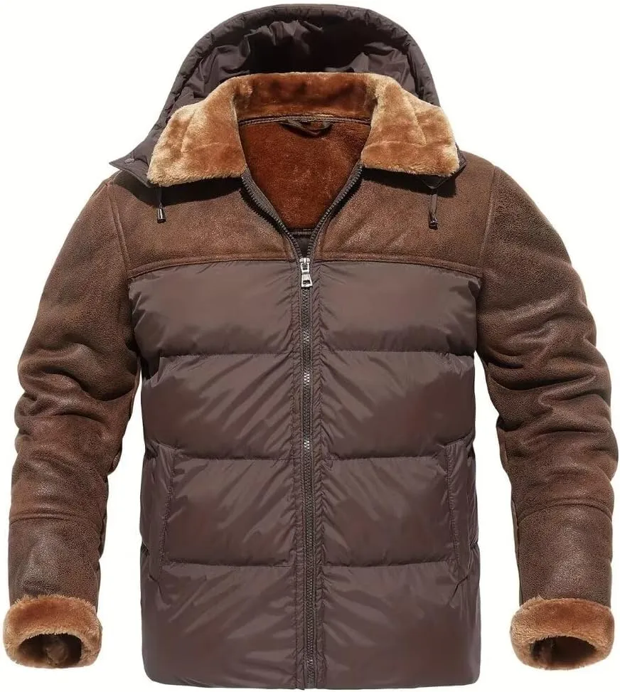 FTIMILD Mens Puffer Jacket with Pu Leather Patchwork Hooded Down Jacket with Sherpa Collar & Sleeves