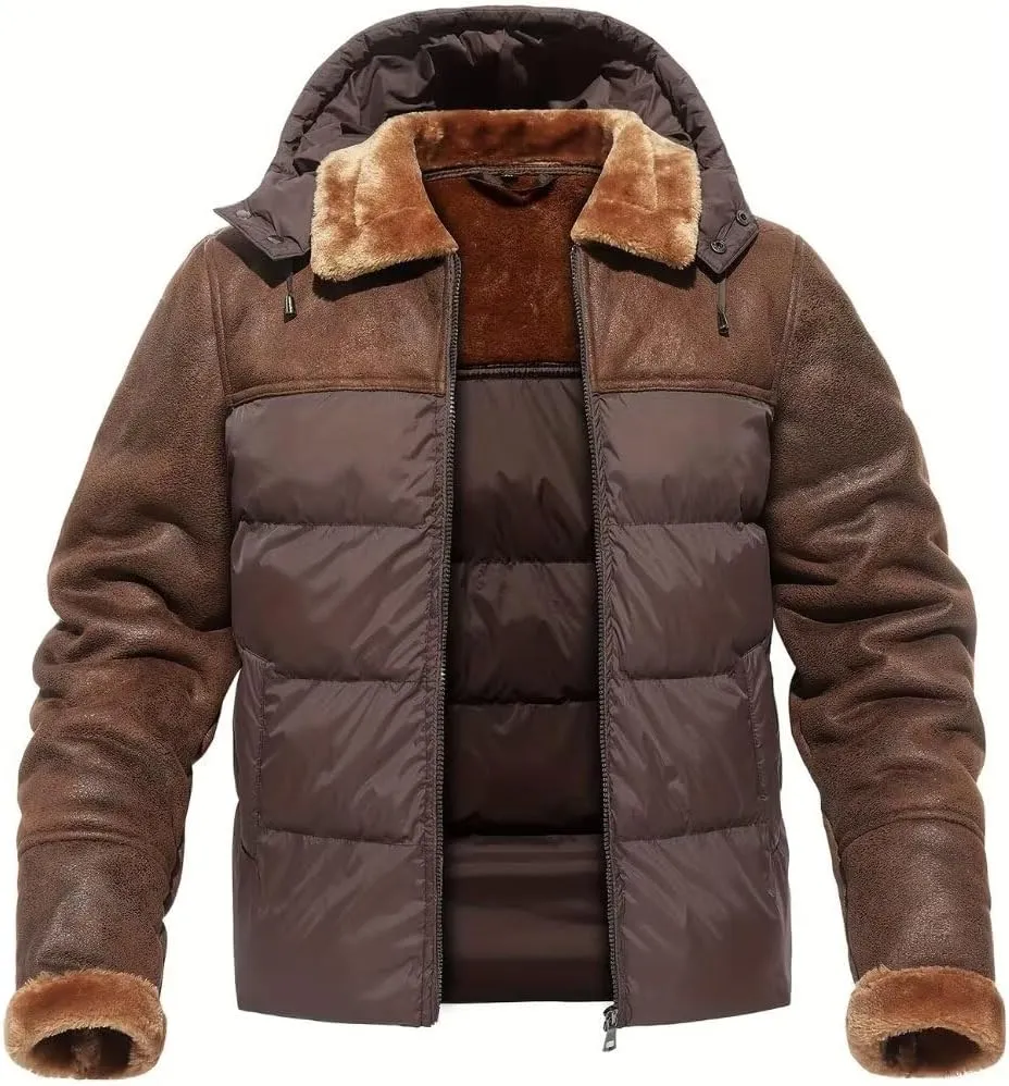 FTIMILD Mens Puffer Jacket with Pu Leather Patchwork Hooded Down Jacket with Sherpa Collar & Sleeves