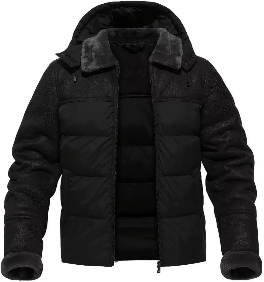 FTIMILD Mens Puffer Jacket with Pu Leather Patchwork Hooded Down Jacket with Sherpa Collar & Sleeves