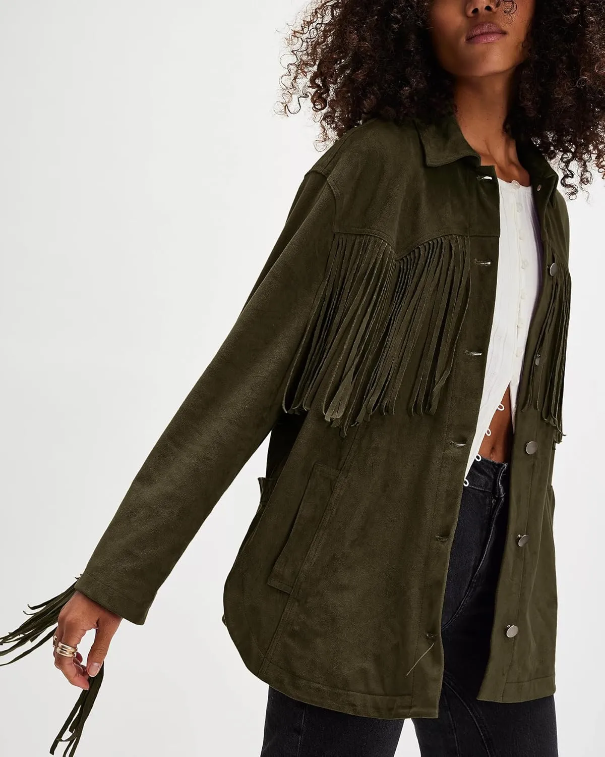 Gacaky Women's Oversized Faux Suede Fringe Jacket Vintage Western Cowgirl Tassel Jackets Country Concert Outfits