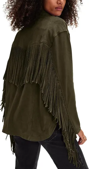 Gacaky Women's Oversized Faux Suede Fringe Jacket Vintage Western Cowgirl Tassel Jackets Country Concert Outfits