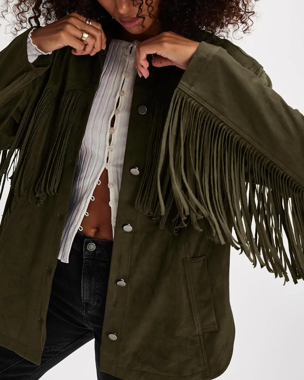 Gacaky Women's Oversized Faux Suede Fringe Jacket Vintage Western Cowgirl Tassel Jackets Country Concert Outfits