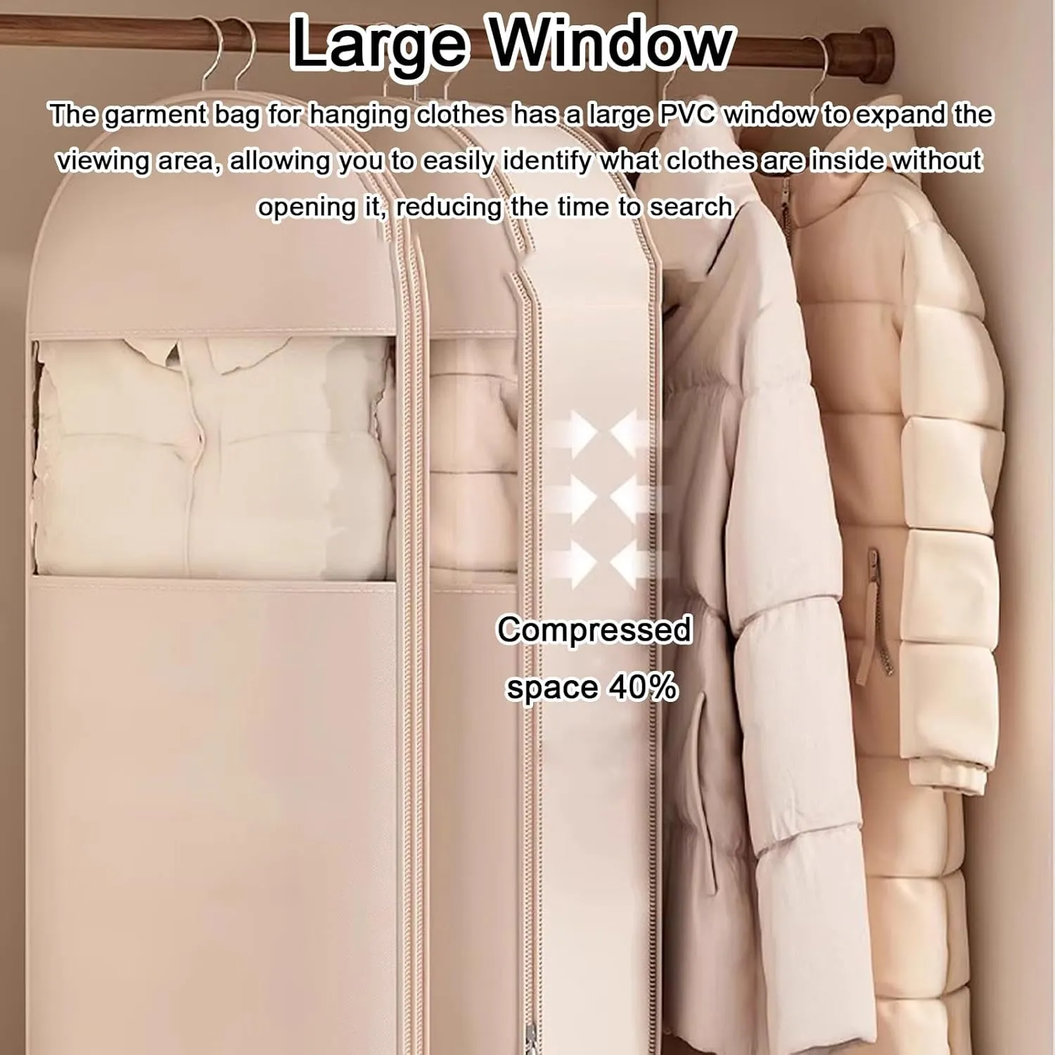 Garment Bags for Hanging Clothes Satin Fabric, Clothing Bags Storage Hanging Fully Sealed, Compressed Space 40%, Side Opening and Large Window(Beige,90x58x15cm/35x23x6in)