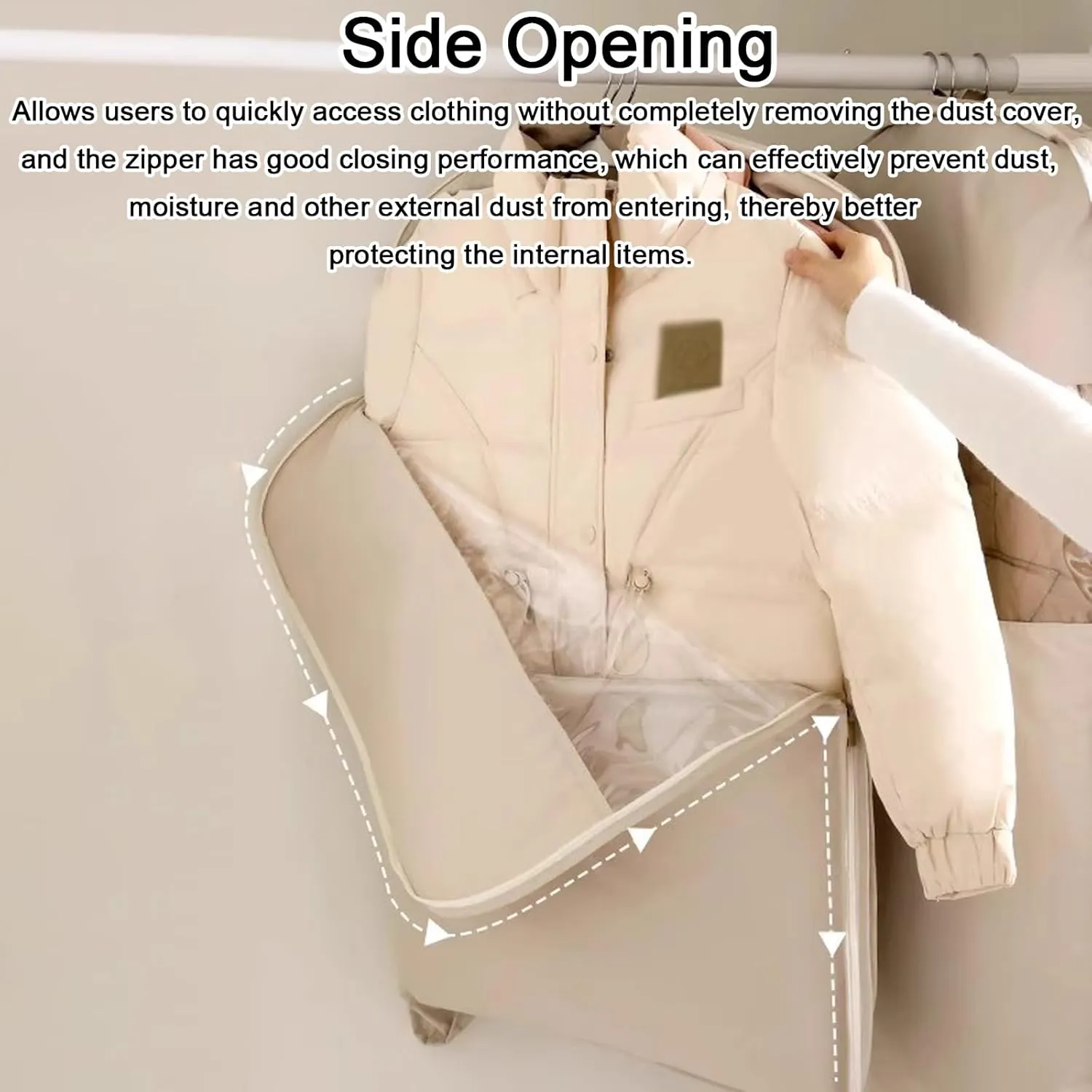 Garment Bags for Hanging Clothes Satin Fabric, Clothing Bags Storage Hanging Fully Sealed, Compressed Space 40%, Side Opening and Large Window(Beige,90x58x15cm/35x23x6in)