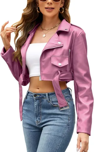 Giolshon Women's Faux Leather Studded Jacket Moto Biker Short Rhinestones Fall PU Long Sleeve Open Front Coat
