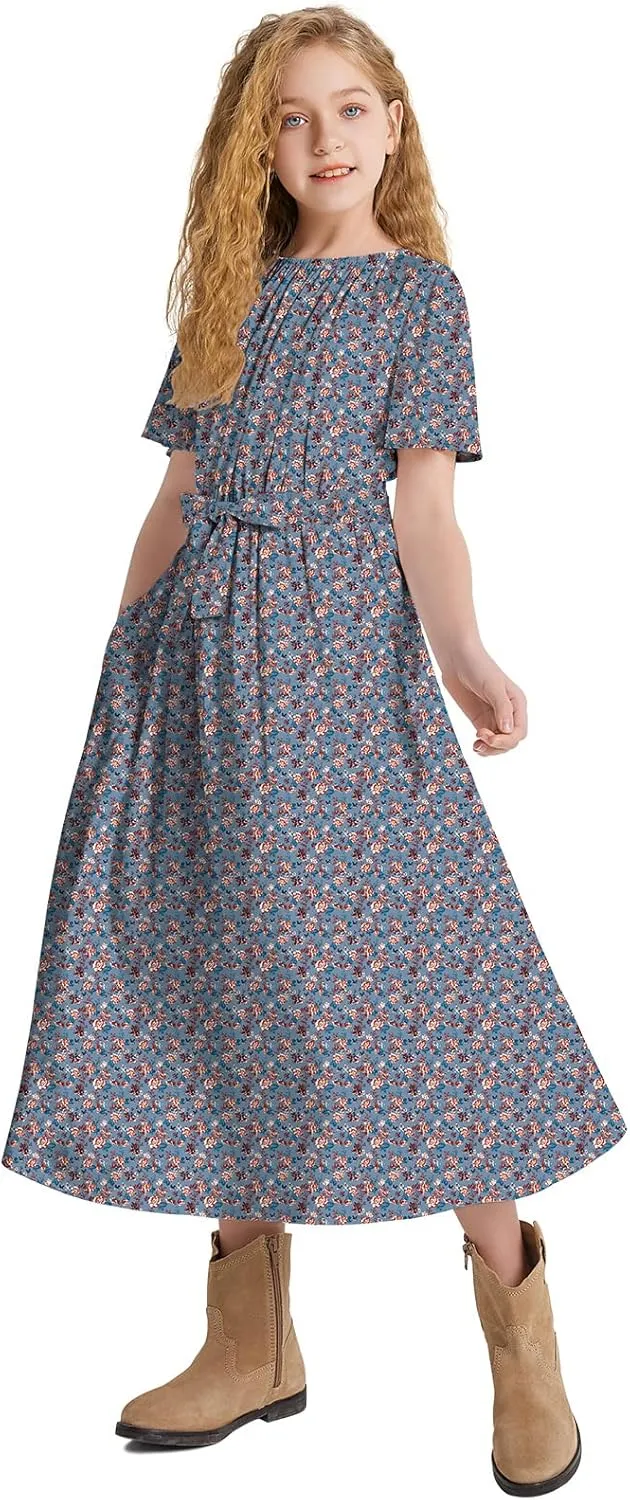 Girls Casual Butterfly Sleeve Elastic Crew Neck Floral Printed Solid Color High Waist Midi Belted Dress with Pocket