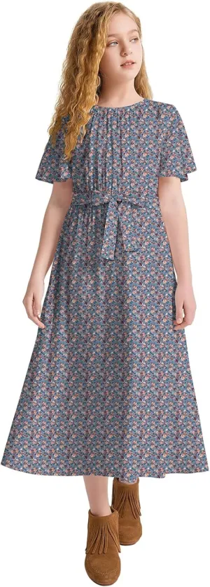 Girls Casual Butterfly Sleeve Elastic Crew Neck Floral Printed Solid Color High Waist Midi Belted Dress with Pocket