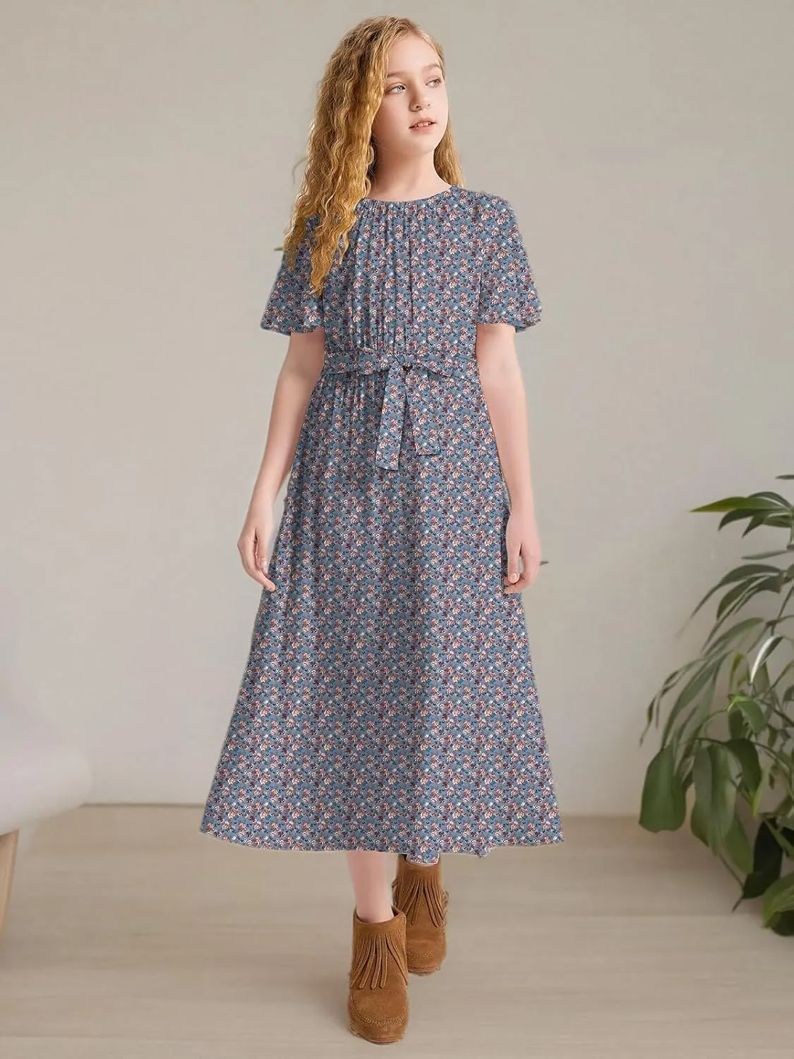 Girls Casual Butterfly Sleeve Elastic Crew Neck Floral Printed Solid Color High Waist Midi Belted Dress with Pocket