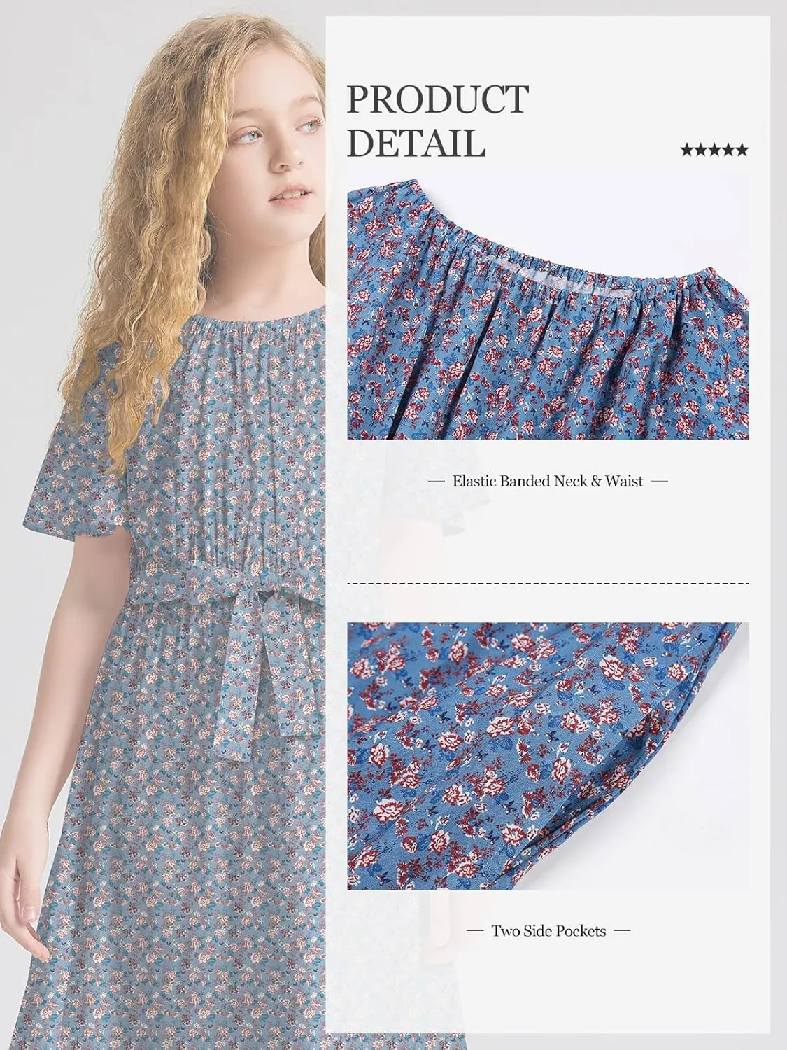 Girls Casual Butterfly Sleeve Elastic Crew Neck Floral Printed Solid Color High Waist Midi Belted Dress with Pocket