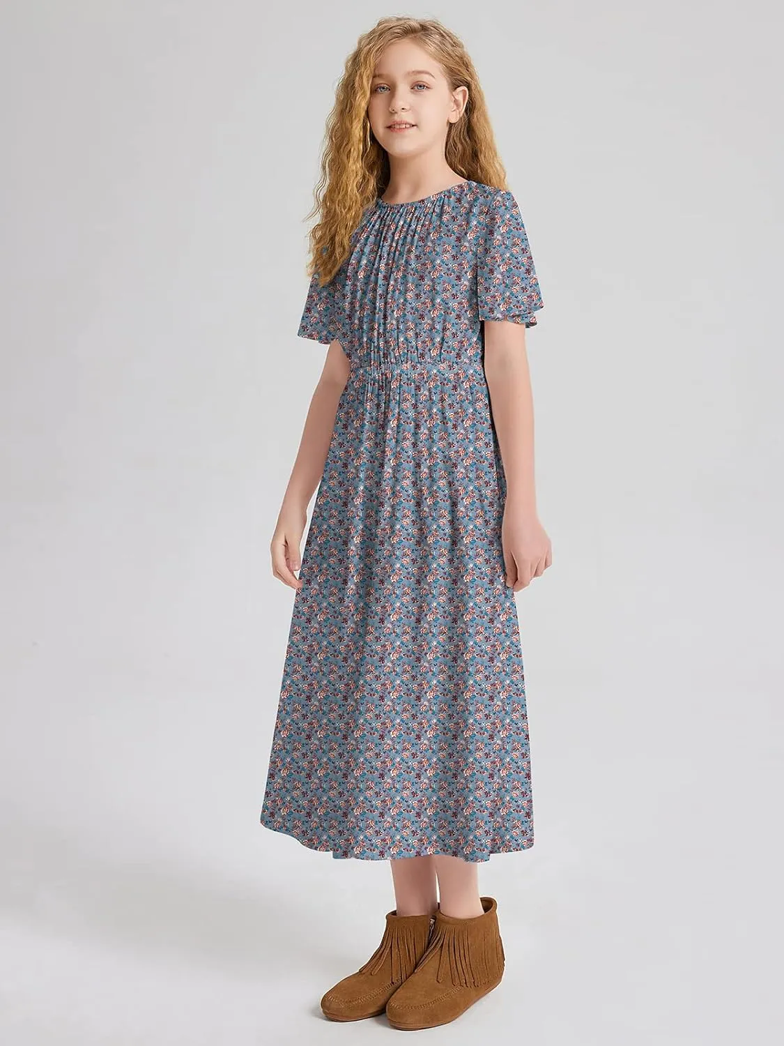 Girls Casual Butterfly Sleeve Elastic Crew Neck Floral Printed Solid Color High Waist Midi Belted Dress with Pocket