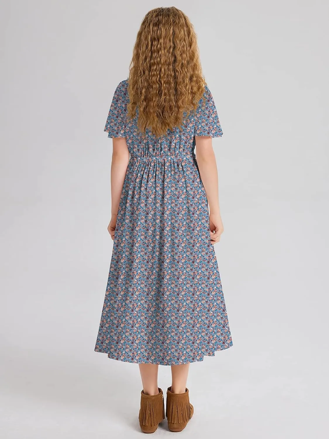 Girls Casual Butterfly Sleeve Elastic Crew Neck Floral Printed Solid Color High Waist Midi Belted Dress with Pocket