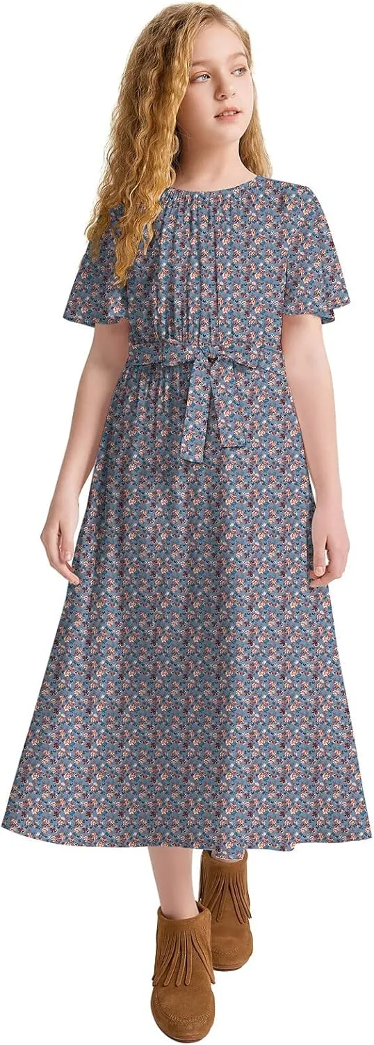 Girls Casual Butterfly Sleeve Elastic Crew Neck Floral Printed Solid Color High Waist Midi Belted Dress with Pocket