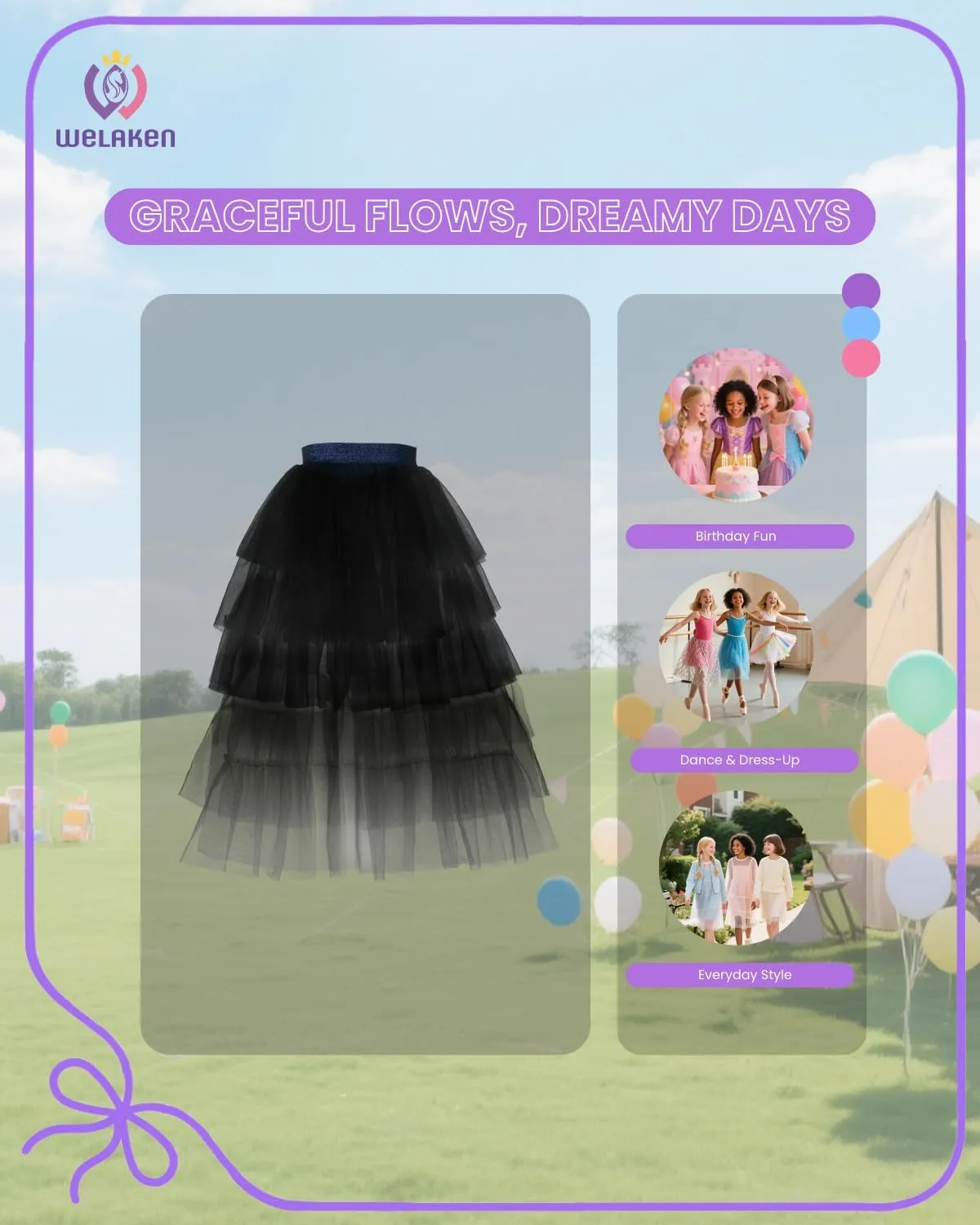 Girls Layered Tutu Skirts Elastic Waist Tulle High-Low Skorts Dance Party Outfits