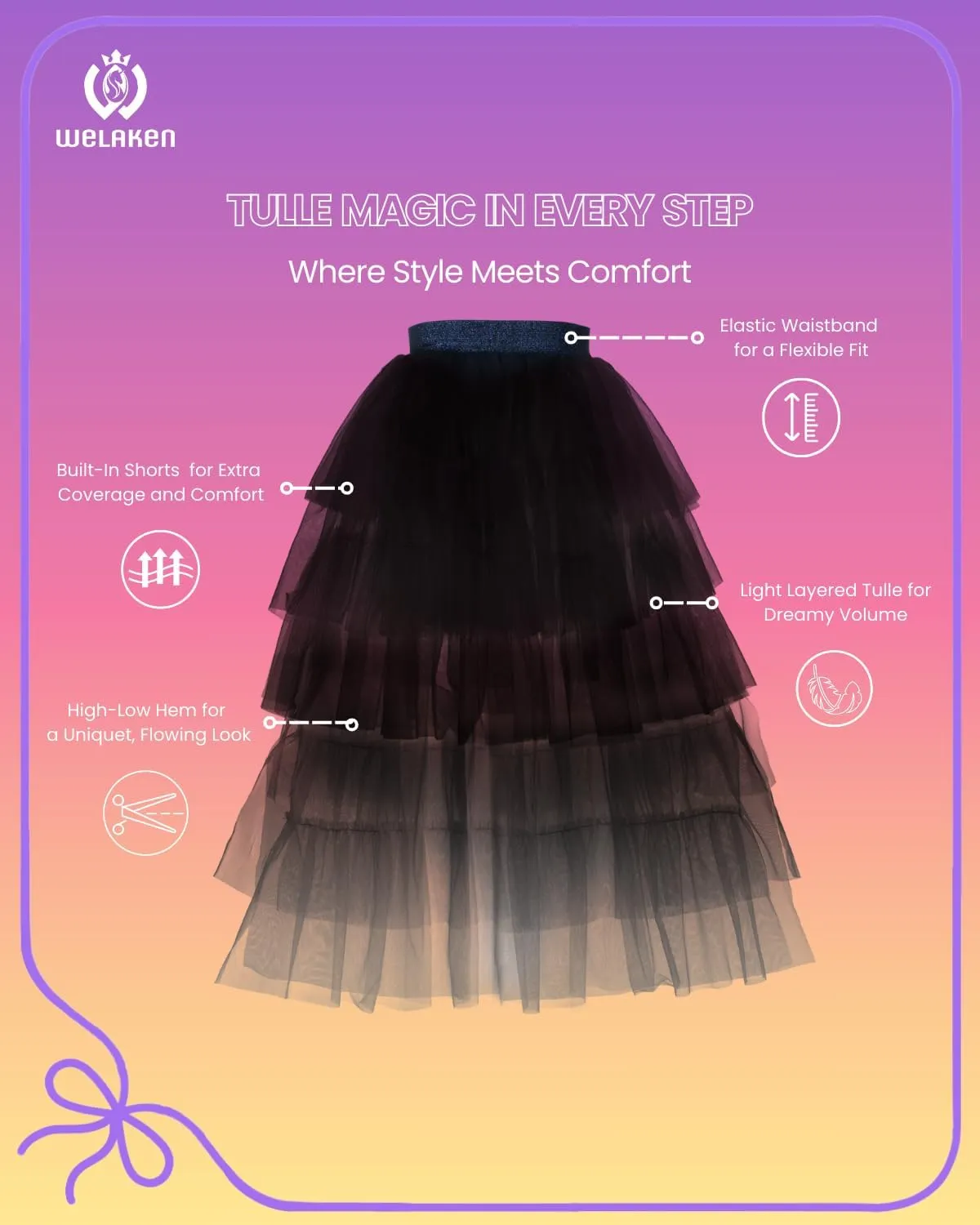 Girls Layered Tutu Skirts Elastic Waist Tulle High-Low Skorts Dance Party Outfits