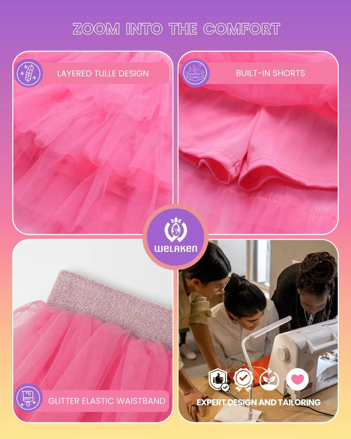 Girls Layered Tutu Skirts Elastic Waist Tulle High-Low Skorts Dance Party Outfits