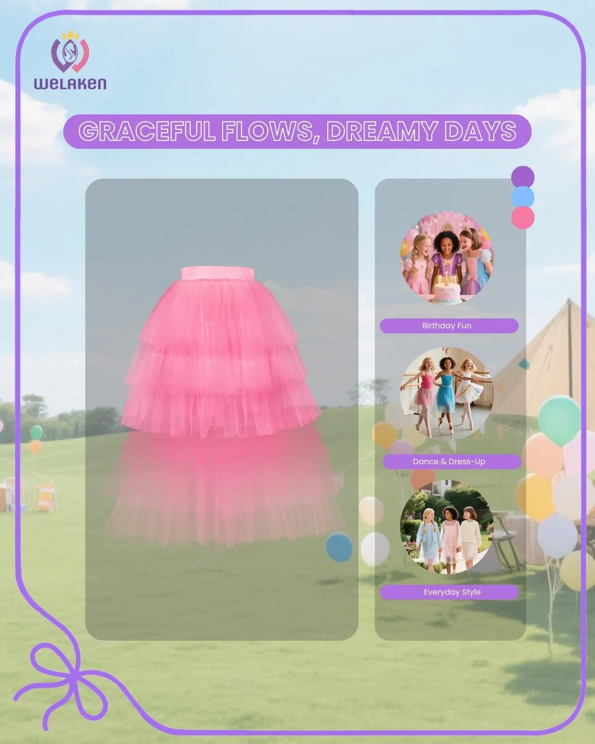 Girls Layered Tutu Skirts Elastic Waist Tulle High-Low Skorts Dance Party Outfits