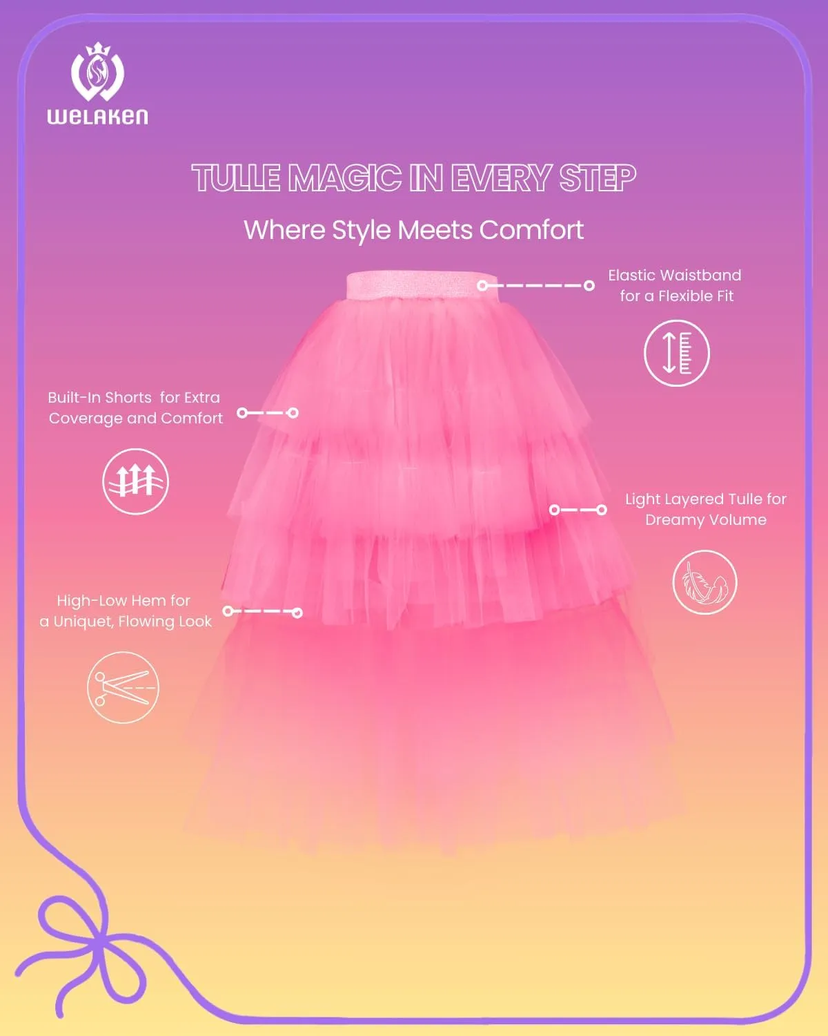 Girls Layered Tutu Skirts Elastic Waist Tulle High-Low Skorts Dance Party Outfits