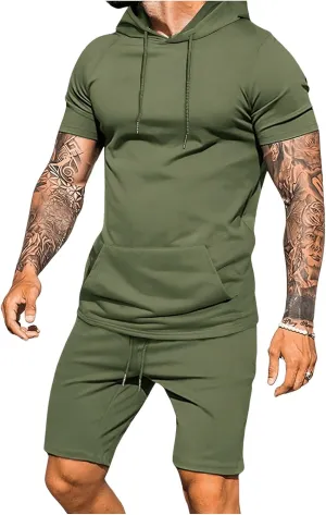 GORGLITTER Men's Summer Outfits 2 Piece Short Sleeve Hooded Tank Top Drawstring Waist Shorts Set Tracksuit 2025