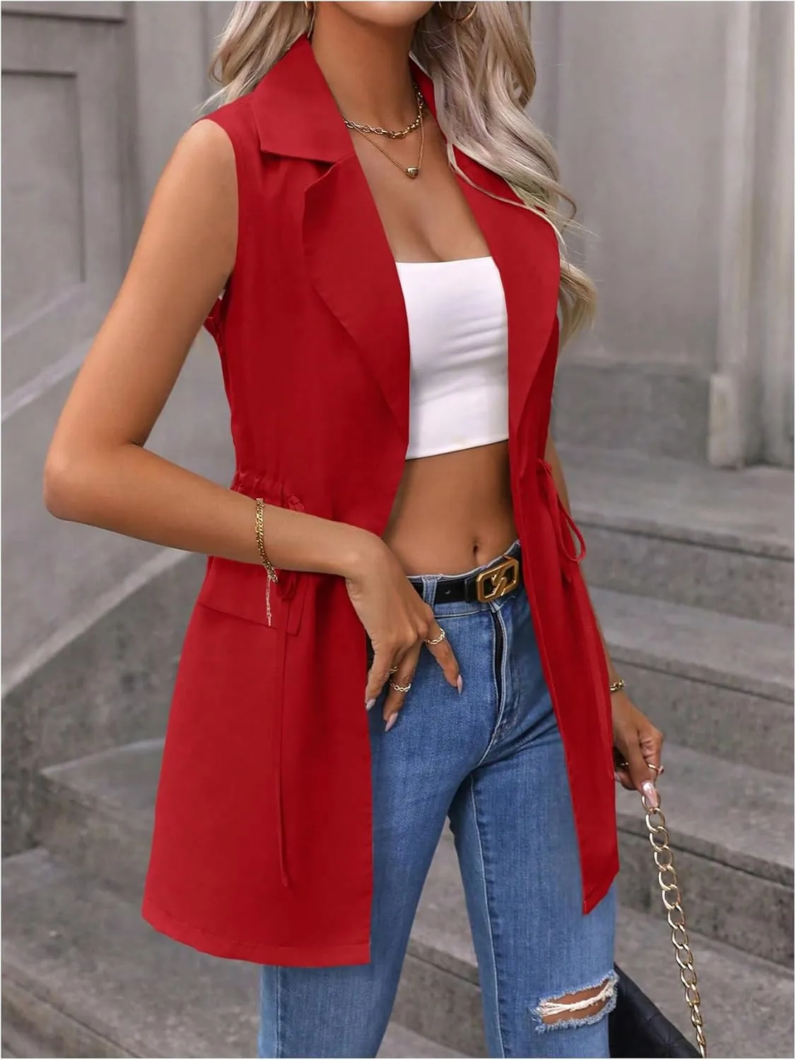 GORGLITTER Women's Long Vest Open Front Blazer Vest Jackets Sleeveless Drawstring Lapel Neck Long Coat