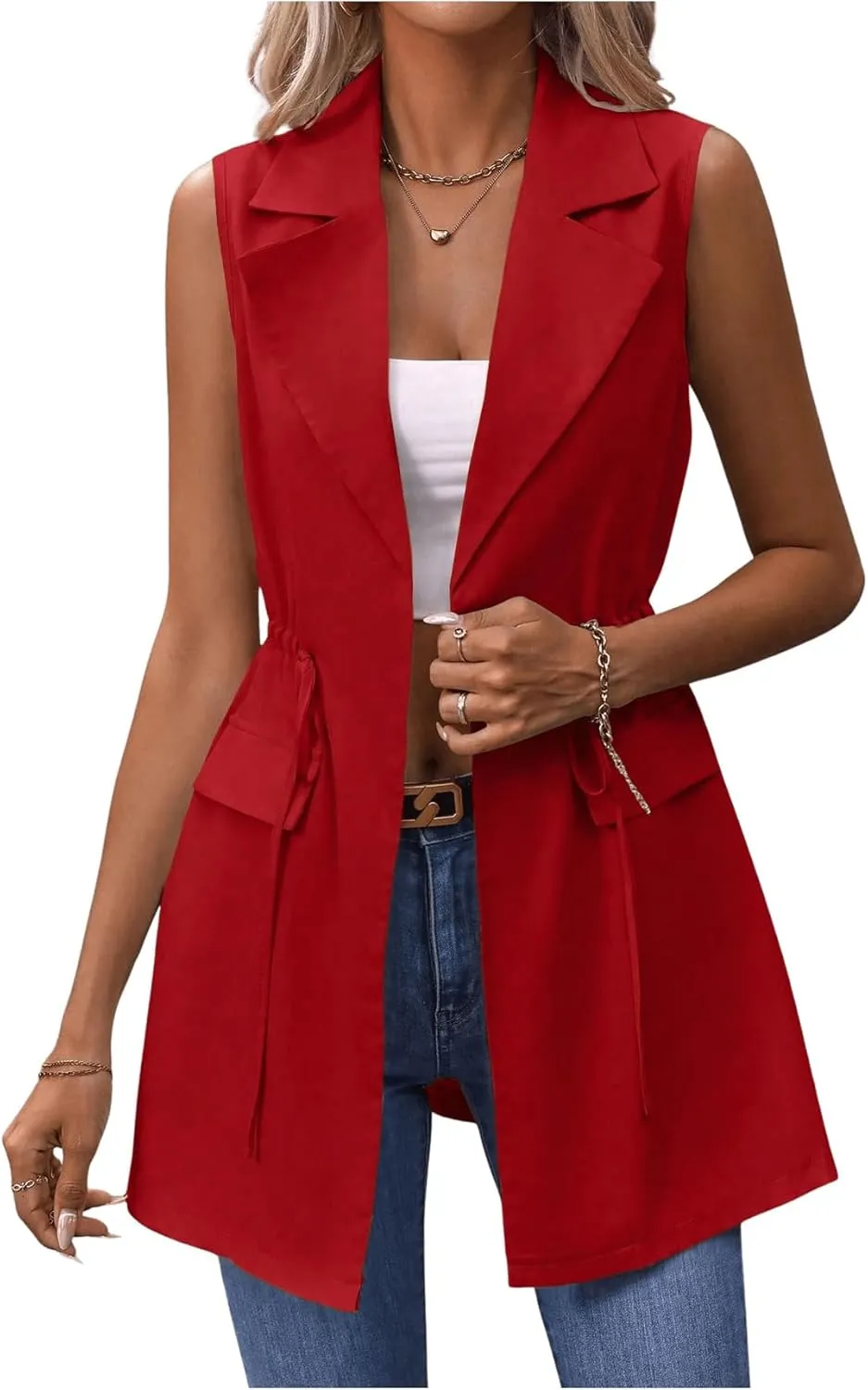 GORGLITTER Women's Long Vest Open Front Blazer Vest Jackets Sleeveless Drawstring Lapel Neck Long Coat