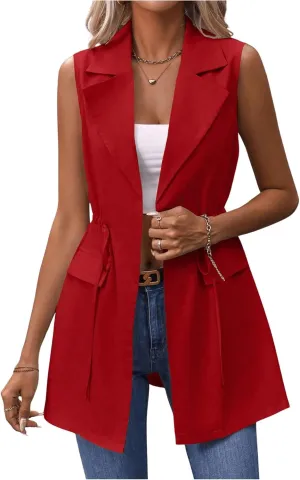 GORGLITTER Women's Long Vest Open Front Blazer Vest Jackets Sleeveless Drawstring Lapel Neck Long Coat
