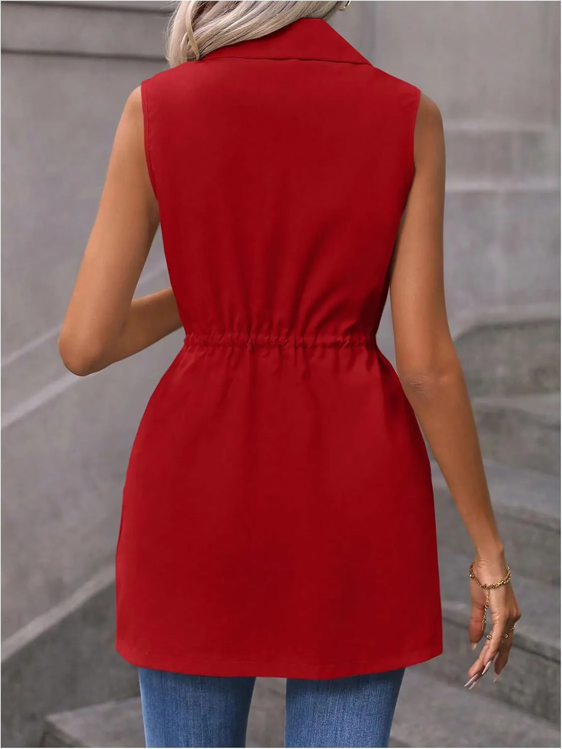GORGLITTER Women's Long Vest Open Front Blazer Vest Jackets Sleeveless Drawstring Lapel Neck Long Coat