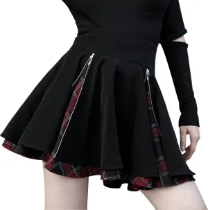 Gothic Skirts Cute High Elastic Waisted Plaid Kilts for Women Trendy Hem Flared Knee Length Mini Skater Skirt