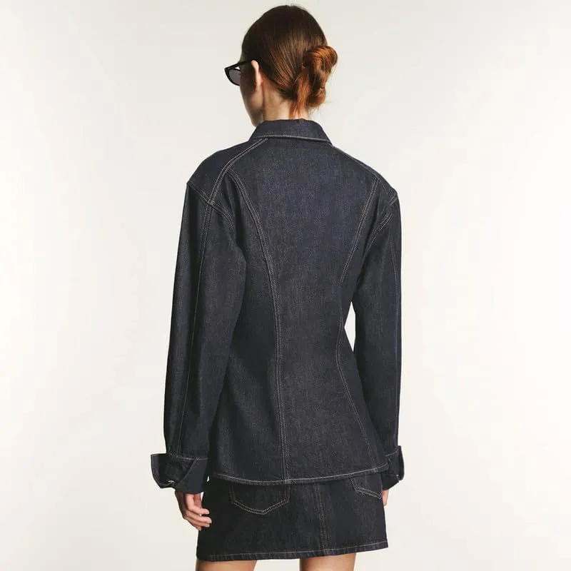 Half Open Front Denim Jackets For Women Trendy Slit Hem Long Sleeve Jean Jacket Casual Button Down Denim Shirt