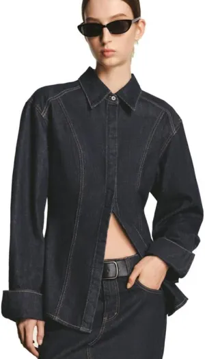 Half Open Front Denim Jackets For Women Trendy Slit Hem Long Sleeve Jean Jacket Casual Button Down Denim Shirt