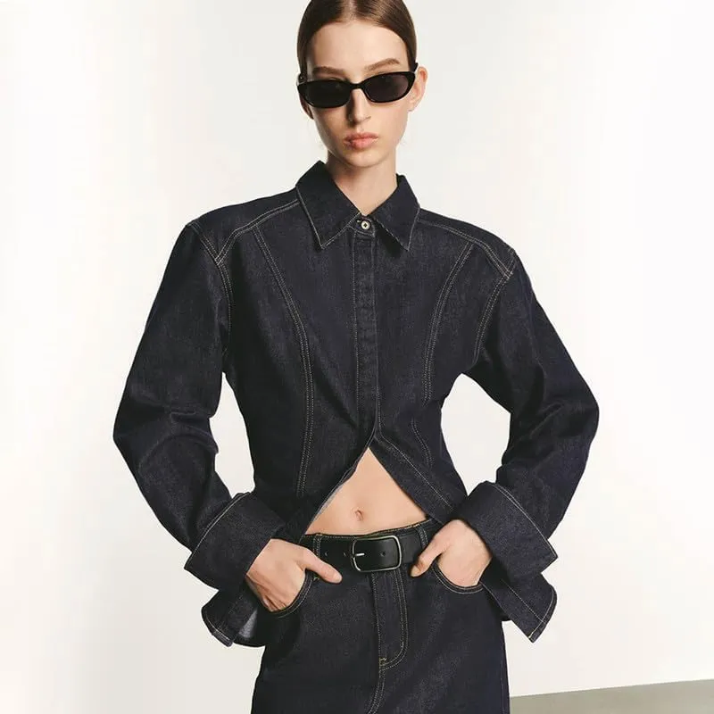 Half Open Front Denim Jackets For Women Trendy Slit Hem Long Sleeve Jean Jacket Casual Button Down Denim Shirt
