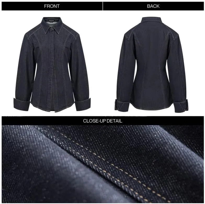 Half Open Front Denim Jackets For Women Trendy Slit Hem Long Sleeve Jean Jacket Casual Button Down Denim Shirt