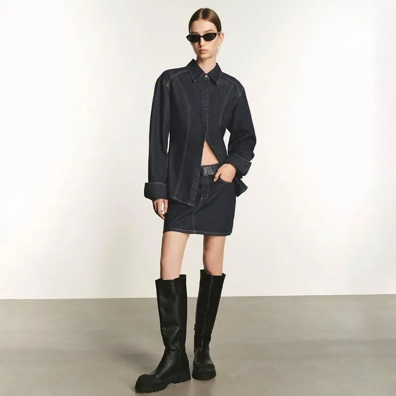 Half Open Front Denim Jackets For Women Trendy Slit Hem Long Sleeve Jean Jacket Casual Button Down Denim Shirt