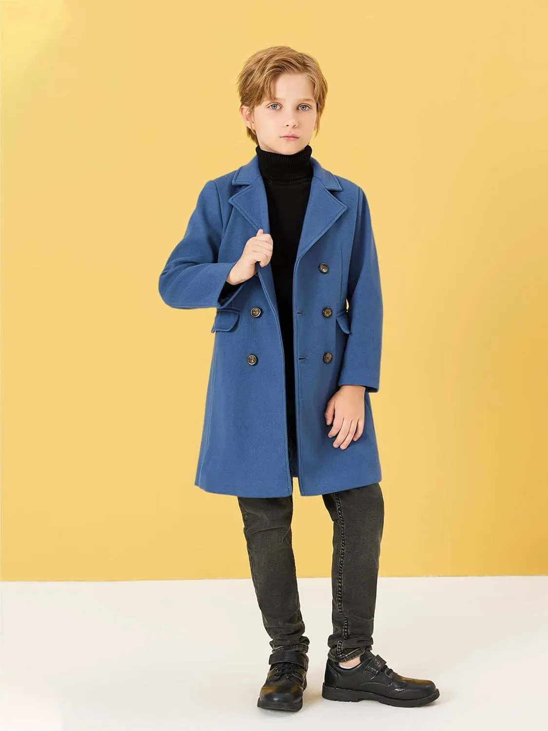 Haloumoning Boys Dress Coats Double Breasted Trench Coat Winter Pea Coat with Pockets 5-14 Years