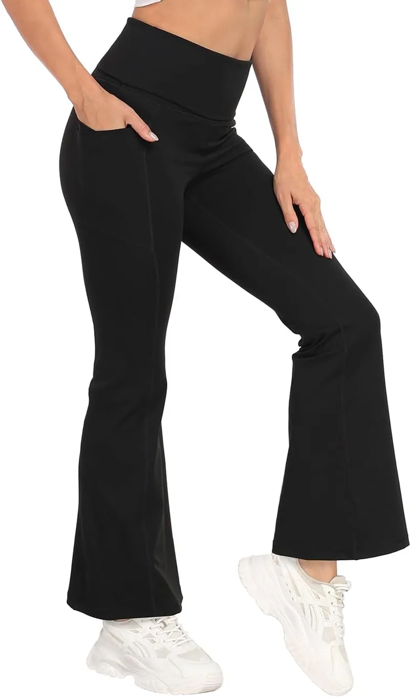 HDE Women's Fold Over Yoga Pants with Pockets High Waist Flare Workout Leggings