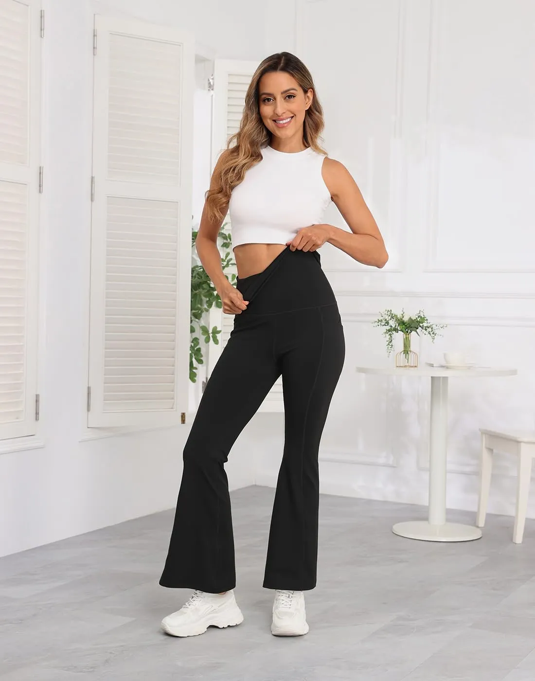 HDE Women's Fold Over Yoga Pants with Pockets High Waist Flare Workout Leggings