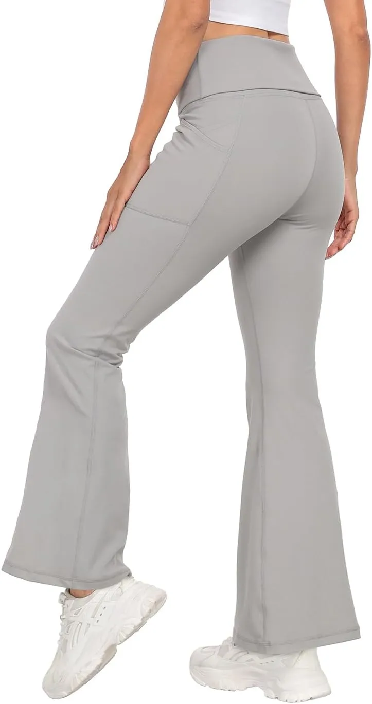 HDE Women's Fold Over Yoga Pants with Pockets High Waist Flare Workout Leggings