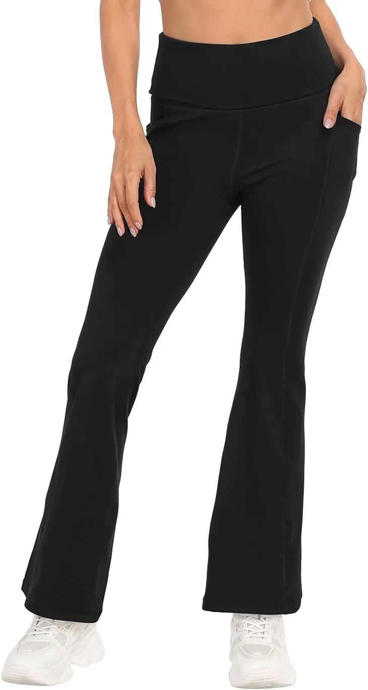 HDE Women's Fold Over Yoga Pants with Pockets High Waist Flare Workout Leggings